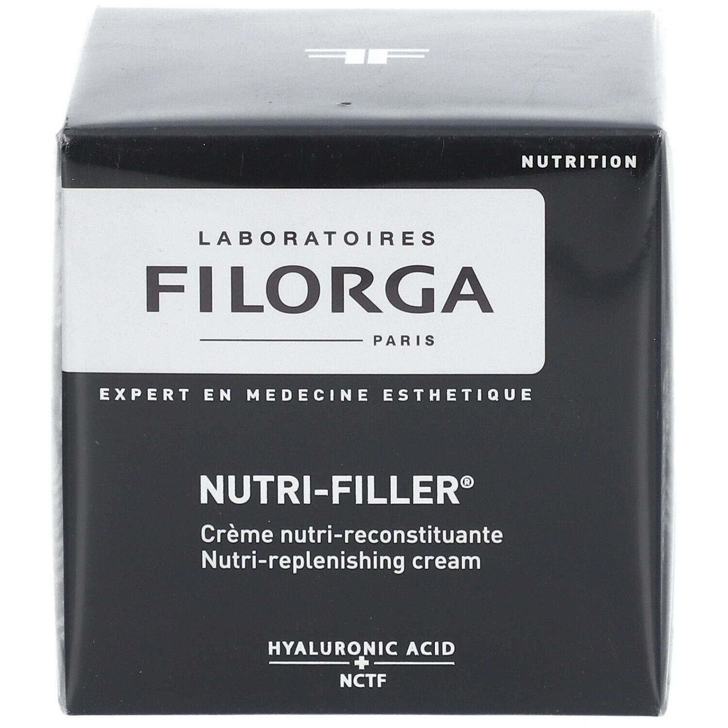 Scatola nera con logo FILORGA e scritta NUTRI-FILLER. Nome del prodotto e ingredienti stampati.