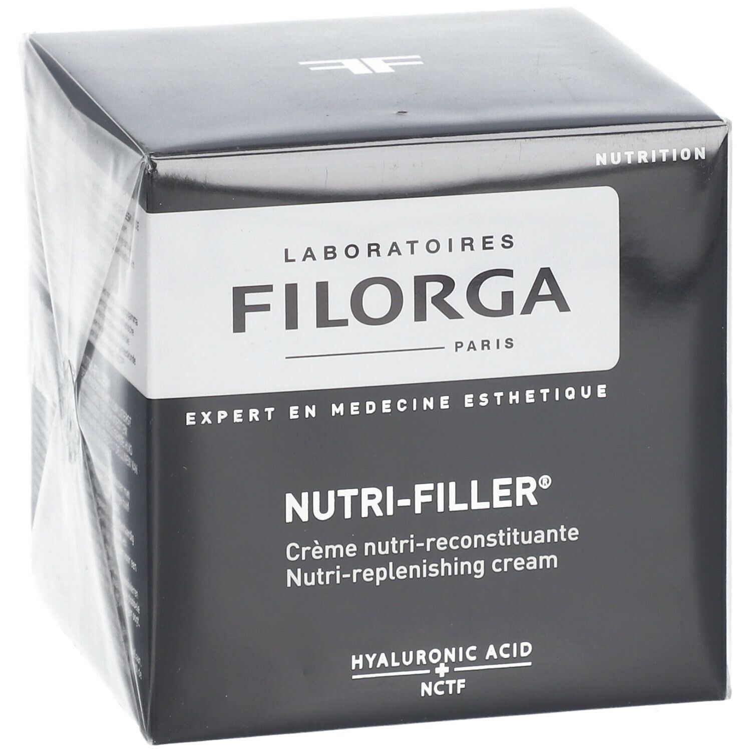 Scatola nera con logo FILORGA e scritta NUTRI-FILLER. Nome del prodotto e ingredienti stampati.