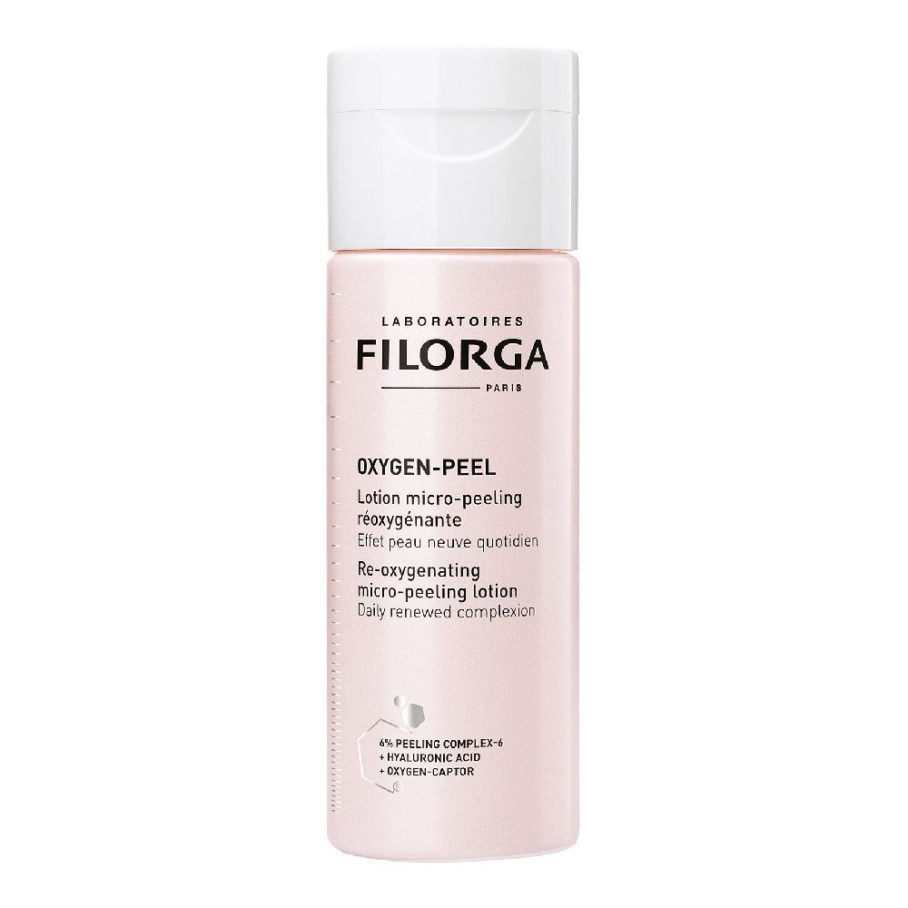 Filorga Oxygen-Peel Lotion. Flacone rosa con tappo bianco. Nome del prodotto e testo sulla parte anteriore.