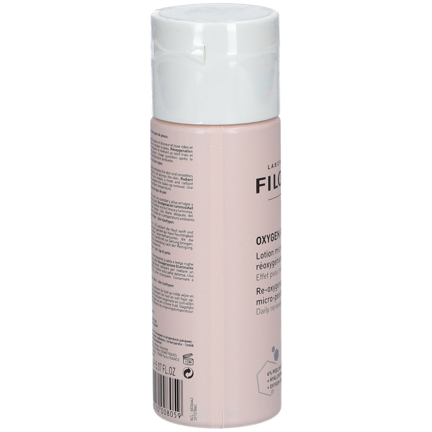 Retro della Filorga Oxygen-Peel Lotion. Flacone rosa con tappo bianco. Testo e codice a barre.