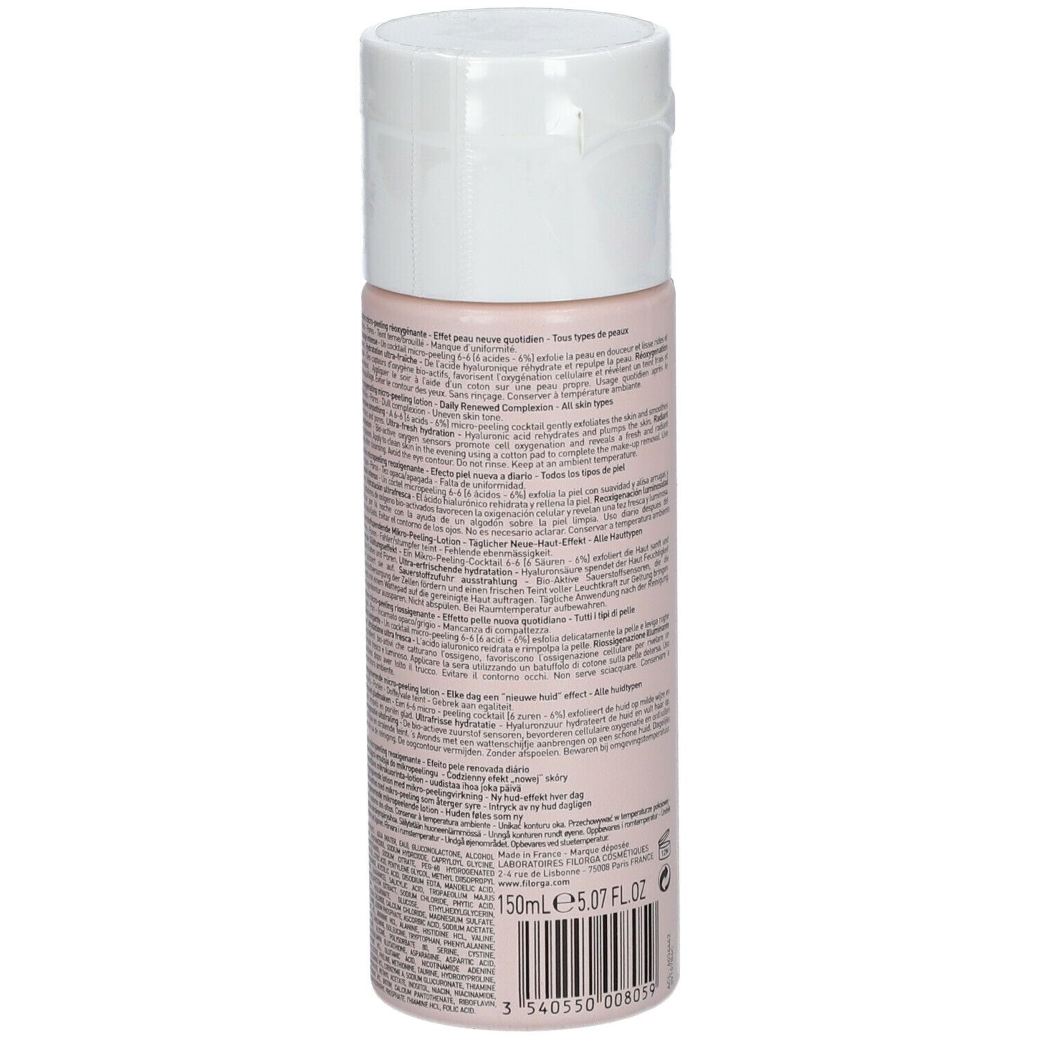 Retro della Filorga Oxygen-Peel Lotion. Flacone rosa con tappo bianco. Testo e codice a barre.