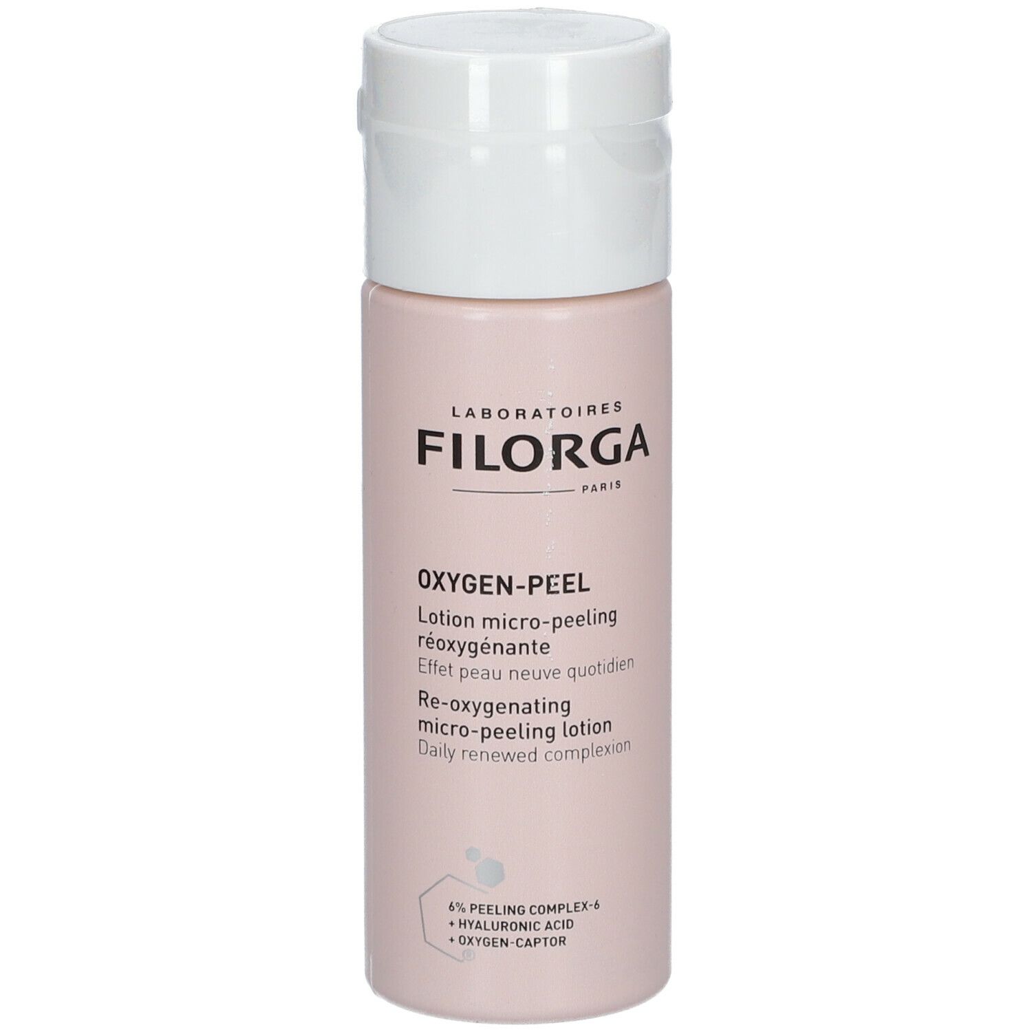 Filorga Oxygen-Peel Lotion. Flacone rosa con tappo bianco. Nome del prodotto e testo sulla parte anteriore.