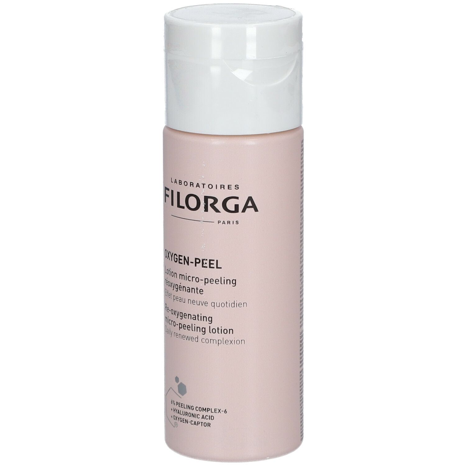 Filorga Oxygen-Peel Lotion. Flacone rosa con tappo bianco. Nome del prodotto e testo sulla parte anteriore.