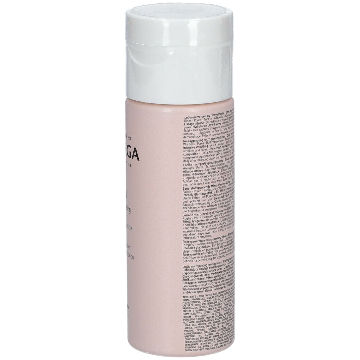 Lato della Filorga Oxygen-Peel Lotion. Flacone rosa con tappo bianco. Testo.