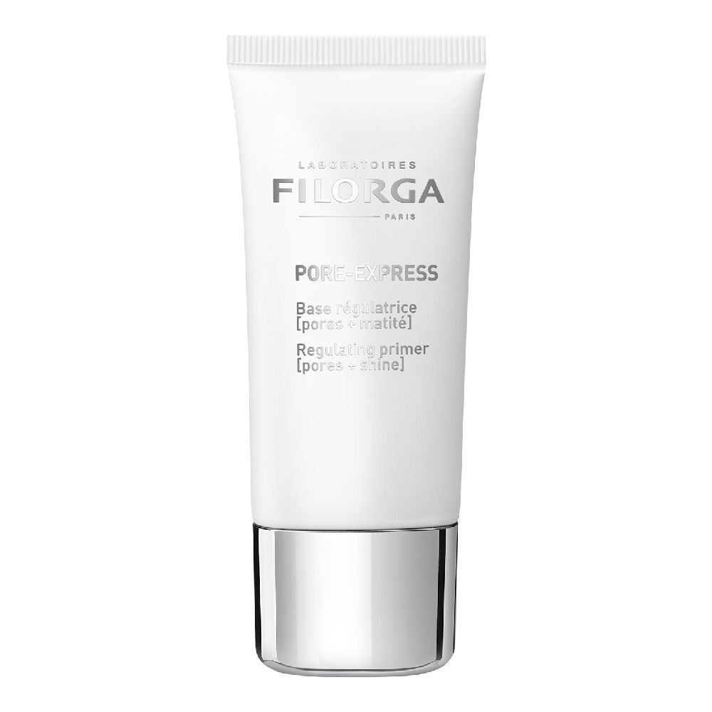 Weiße Tube mit silbernem Boden. Aufschrift: Filorga Pore-Express, Base régulatrice, Regulating primer.