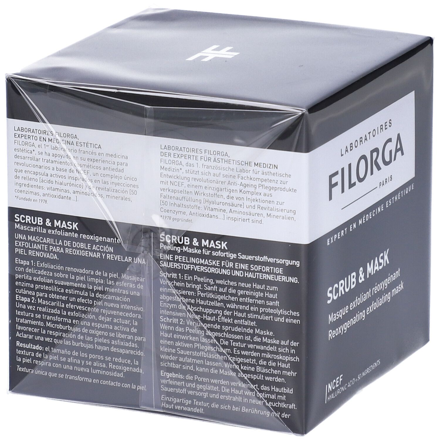 Boîte noire avec informations sur le produit. Inscription FILORGA, SCRUB & MASK. Texte en plusieurs langues.