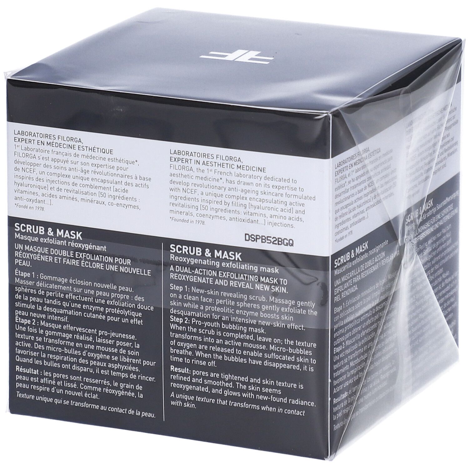 Boîte noire avec informations sur le produit. Inscription FILORGA, SCRUB & MASK. Texte en plusieurs langues.