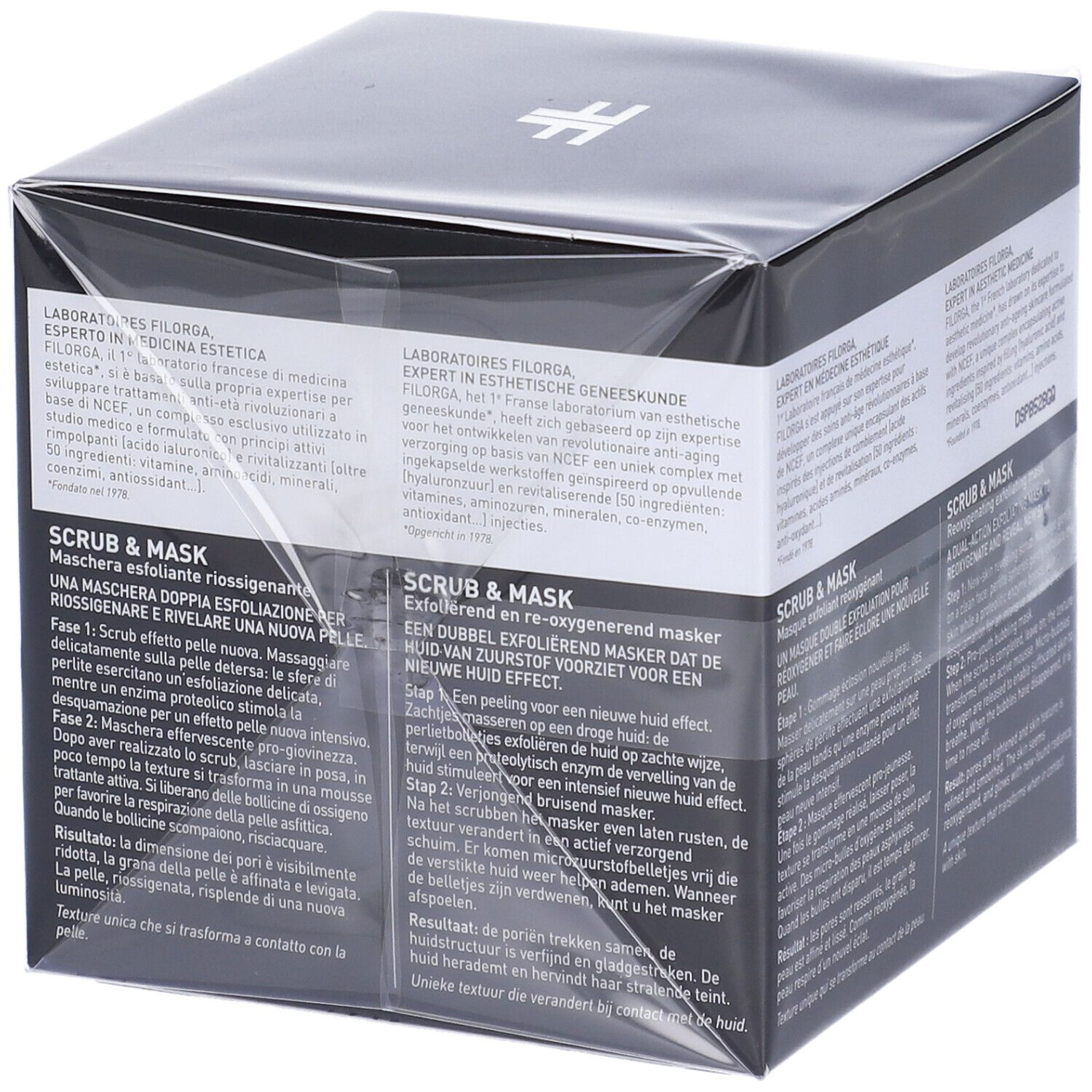 Boîte noire avec informations sur le produit. Inscription FILORGA, SCRUB & MASK. Texte en plusieurs langues.