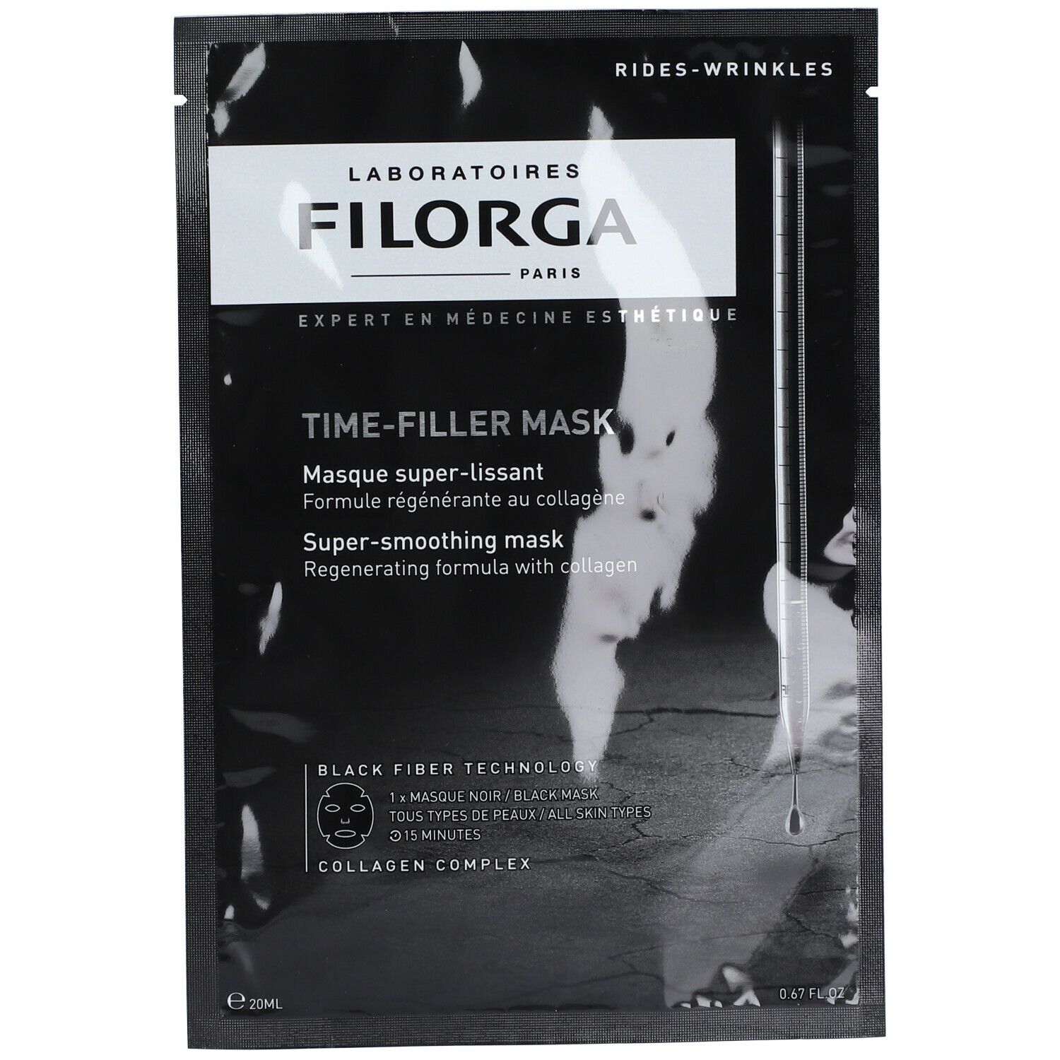 Confezione nera con nome del prodotto e del marchio. Testo: TIME-FILLER MASK, Super-smoothing mask. Tecnologia fibra nera.