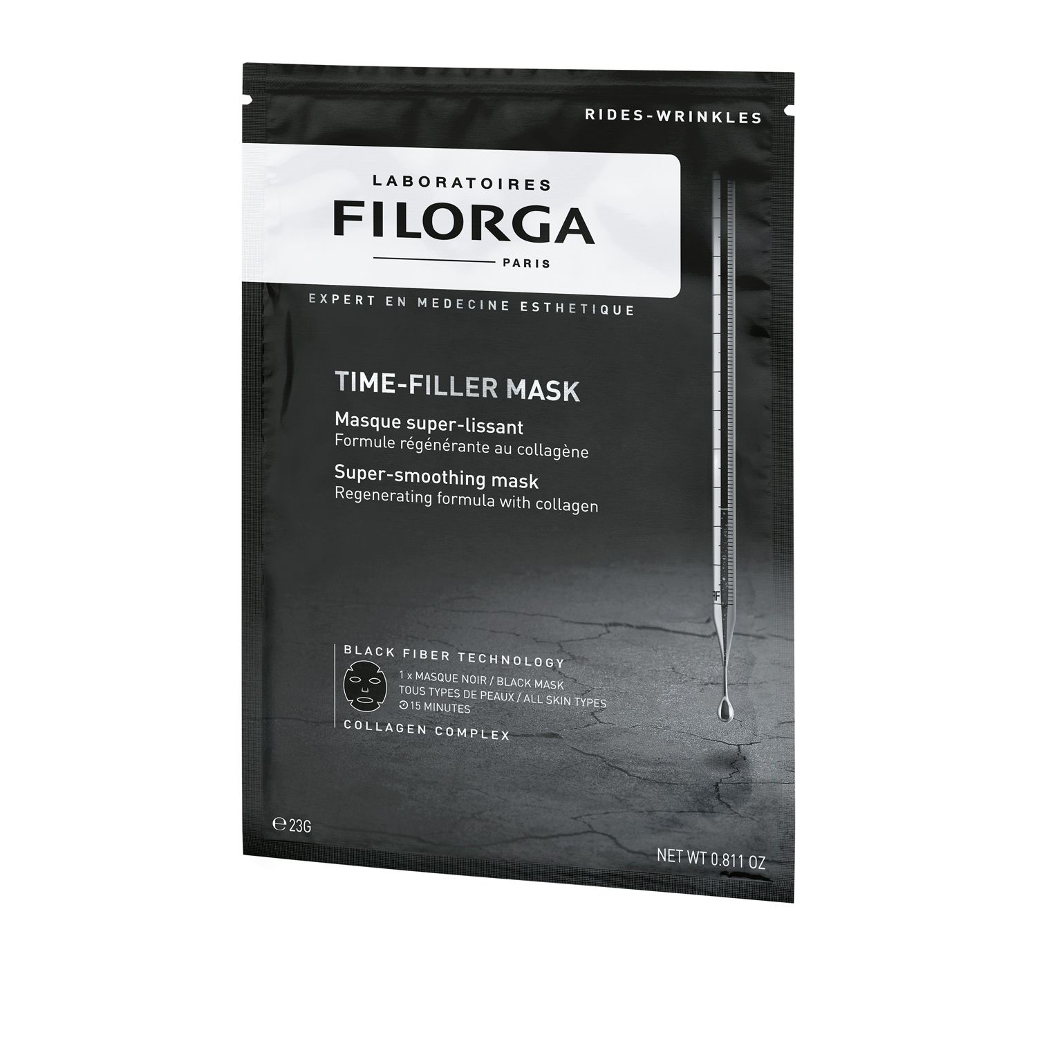 Confezione nera con nome del prodotto e del marchio. Testo: TIME-FILLER MASK, Super-smoothing mask. Tecnologia fibra nera.