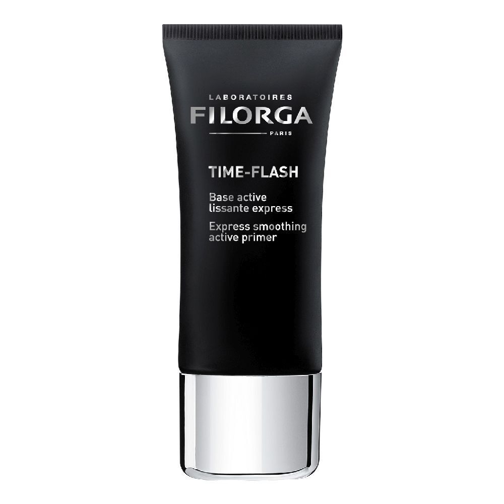 Tubo nero con base argentata. Scritta: FILORGA, TIME-FLASH, Base active lissante express, Express smoothing active primer.