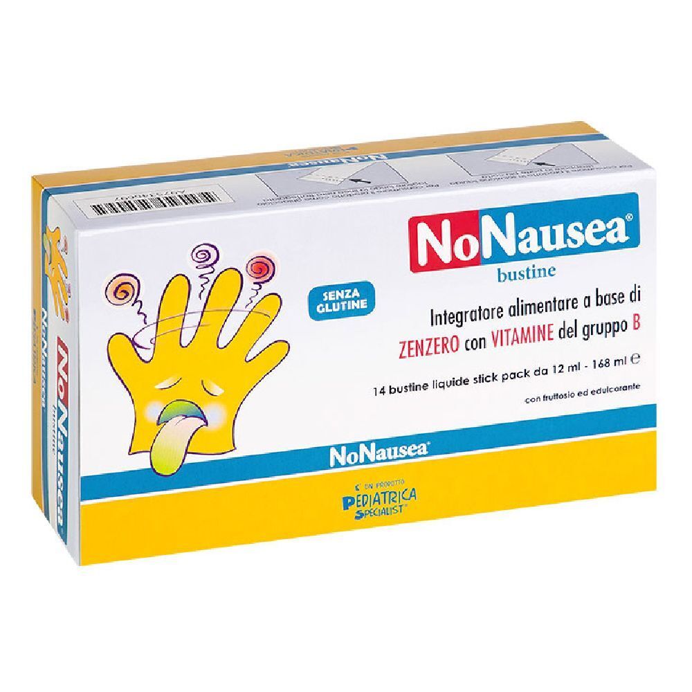 Scatola di "NoNausea" bustine. Contiene 14 stickpack. Design giallo e bianco con illustrazioni.