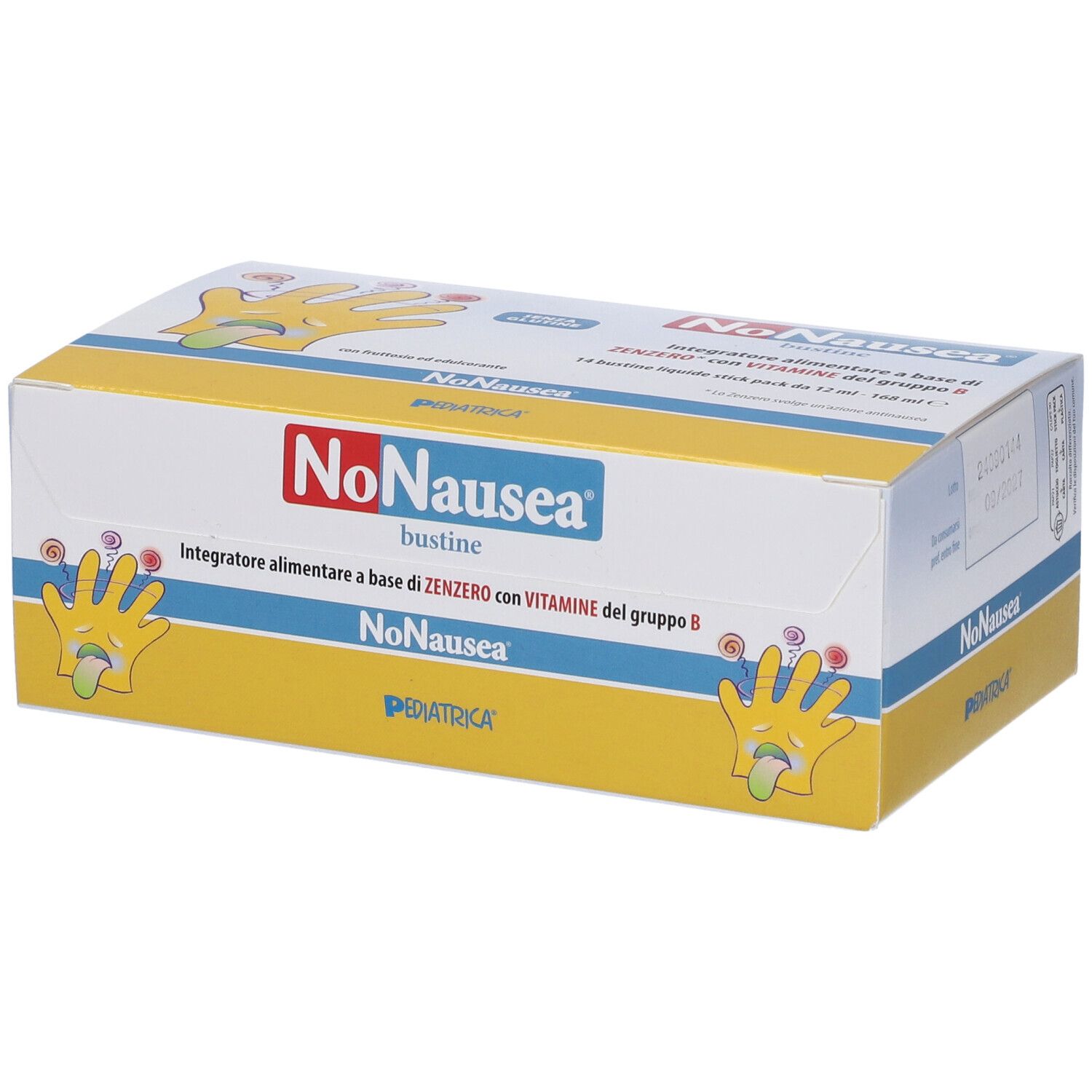 Scatola "NoNausea" con 14 stickpack. Design giallo e bianco. Nome e logo del prodotto visibili.