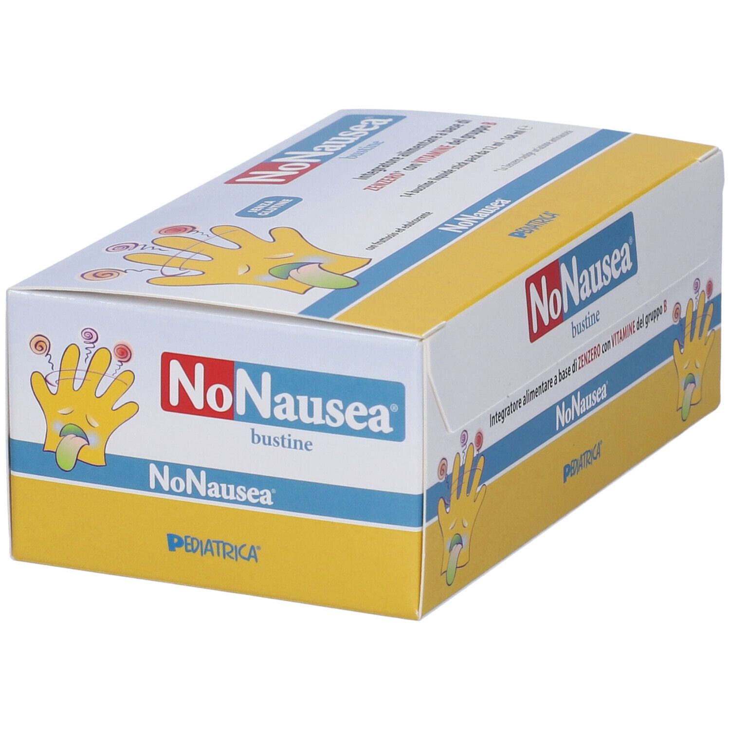 Scatola "NoNausea" con 14 stickpack. Design giallo e bianco. Nome e logo del prodotto visibili.
