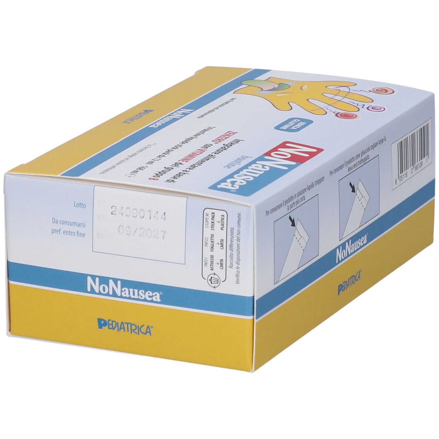 Retro della confezione "NoNausea". Mostra data di scadenza e logo. Design giallo e bianco.