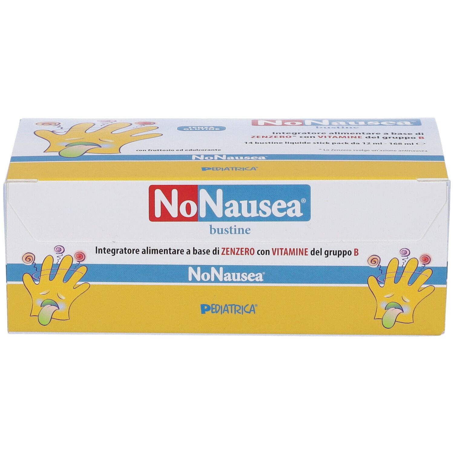 Scatola "NoNausea" con 14 stickpack. Design giallo e bianco. Nome e logo del prodotto visibili.