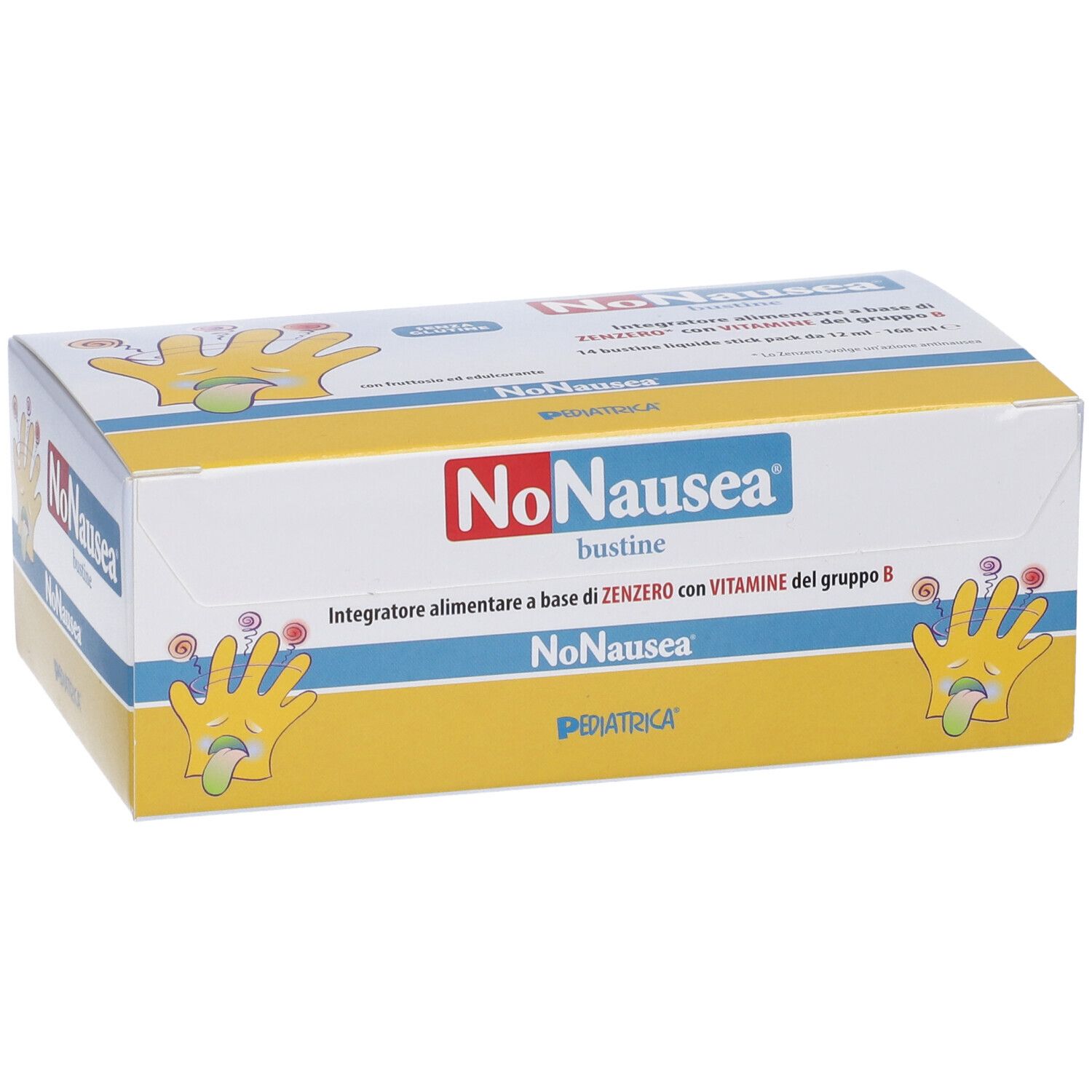 Scatola "NoNausea" con 14 stickpack. Design giallo e bianco. Nome e logo del prodotto visibili.