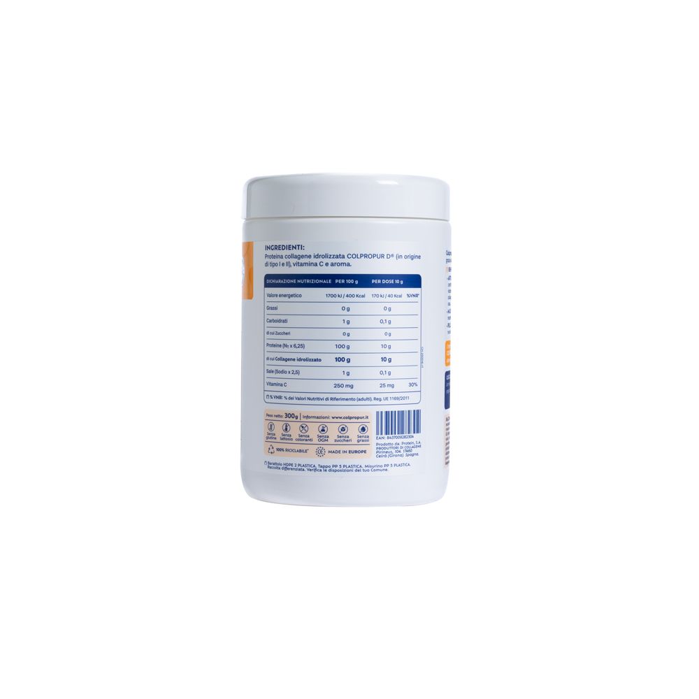 Weiße Dose mit Nährwertangaben und Inhaltsstoffen. Text in italienischer Sprache. Enthält hydrolysiertes Kollagen, Vitamin C.