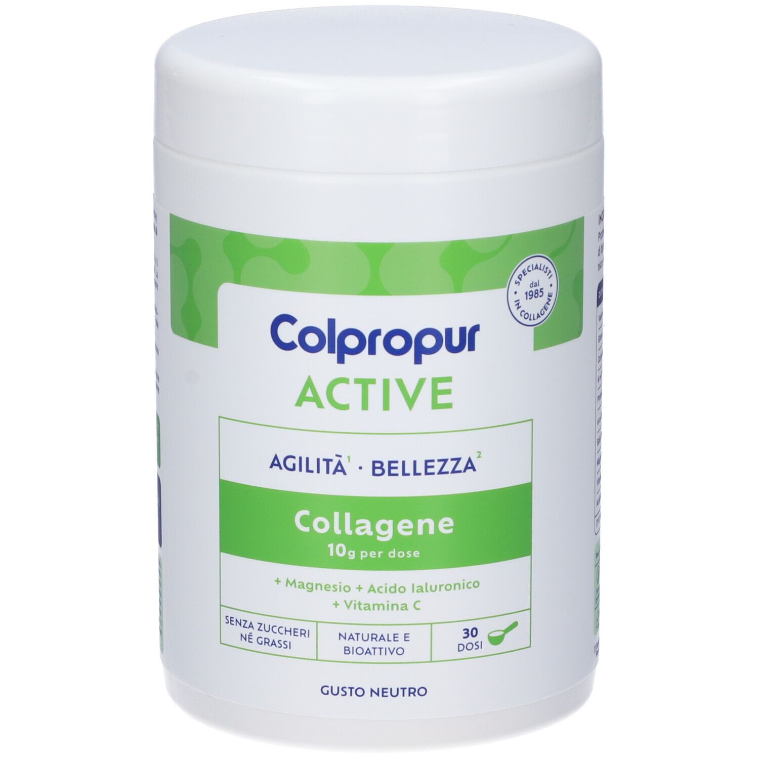 Weißer Behälter mit grünem Etikett. Aufschrift: Colpropur ACTIVE Collagene, 10g pro Dosis. 30 Dosierungen. Geschmack: Neutro.