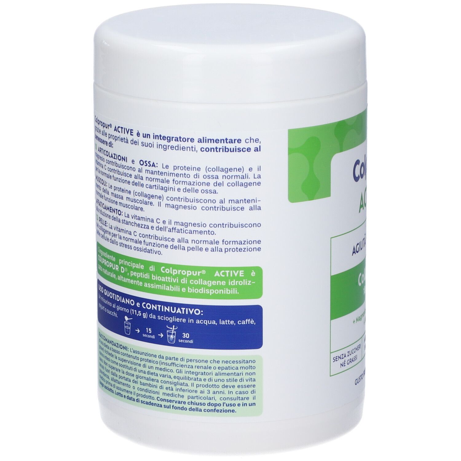 Rückseite des weißen Colpropur Active-Behälters. Textliche Informationen über Inhaltsstoffe und Anwendung. Enthält Kollagenpeptide.