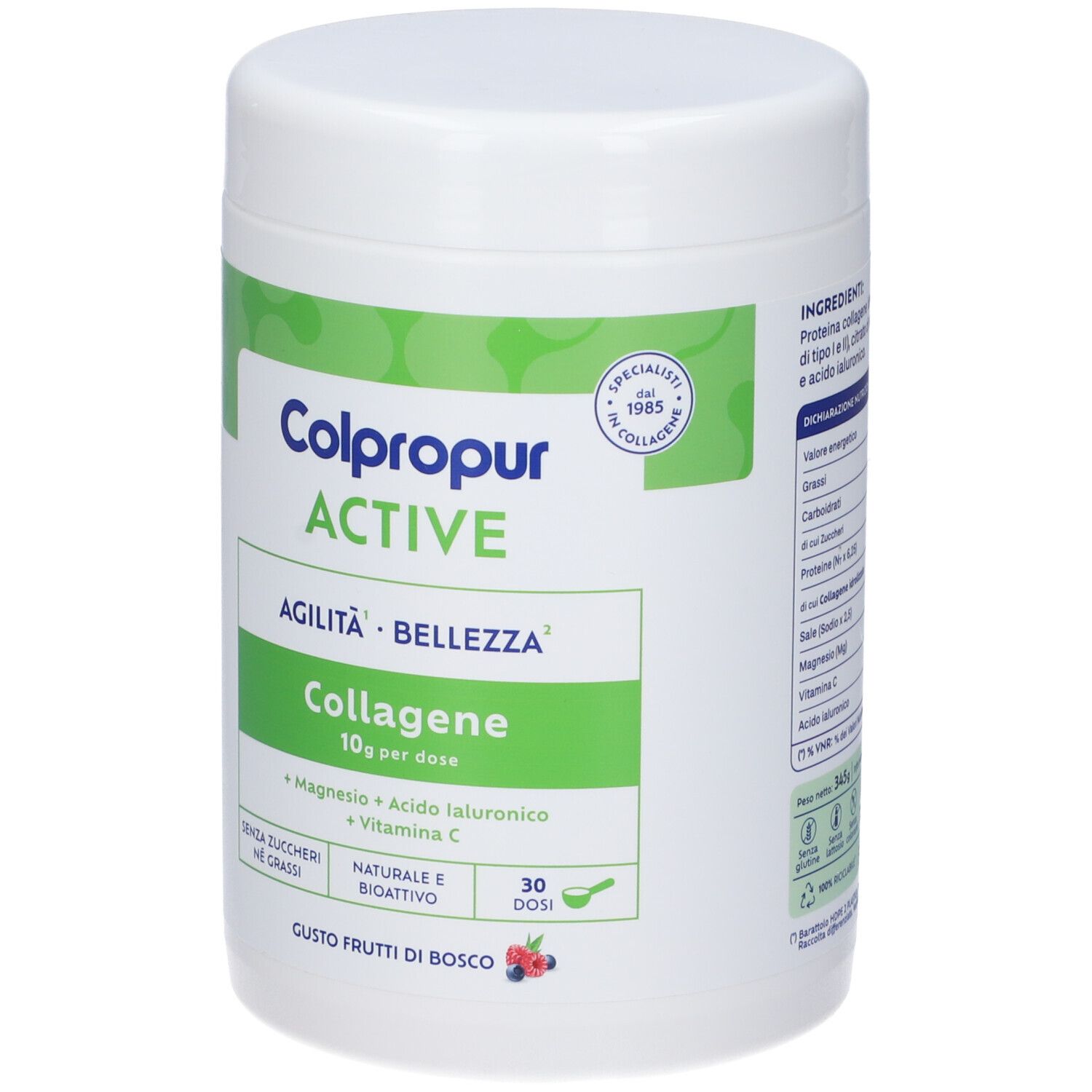 Weißer Colpropur Active-Behälter mit grünem Etikett. Enthält Kollagen, Magnesium, Hyaluronsäure und Vitamin C. 30 Portionen.