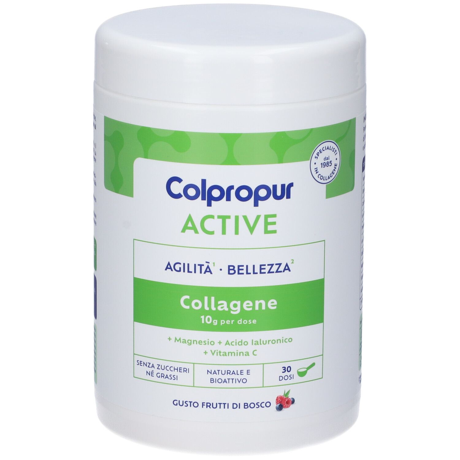 Weißer Colpropur Active-Behälter mit grünem Etikett. Enthält Kollagen, Magnesium, Hyaluronsäure und Vitamin C. 30 Portionen.