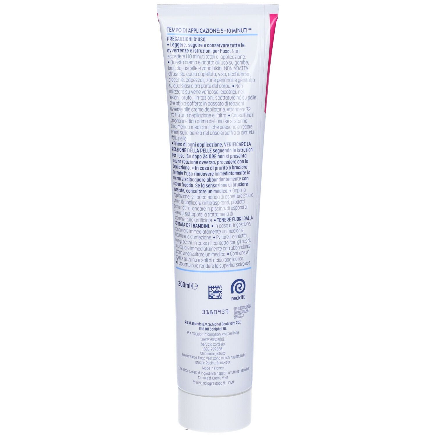 Retro di un tubo bianco con tappo rosa. Testo multilingue. 200ml.