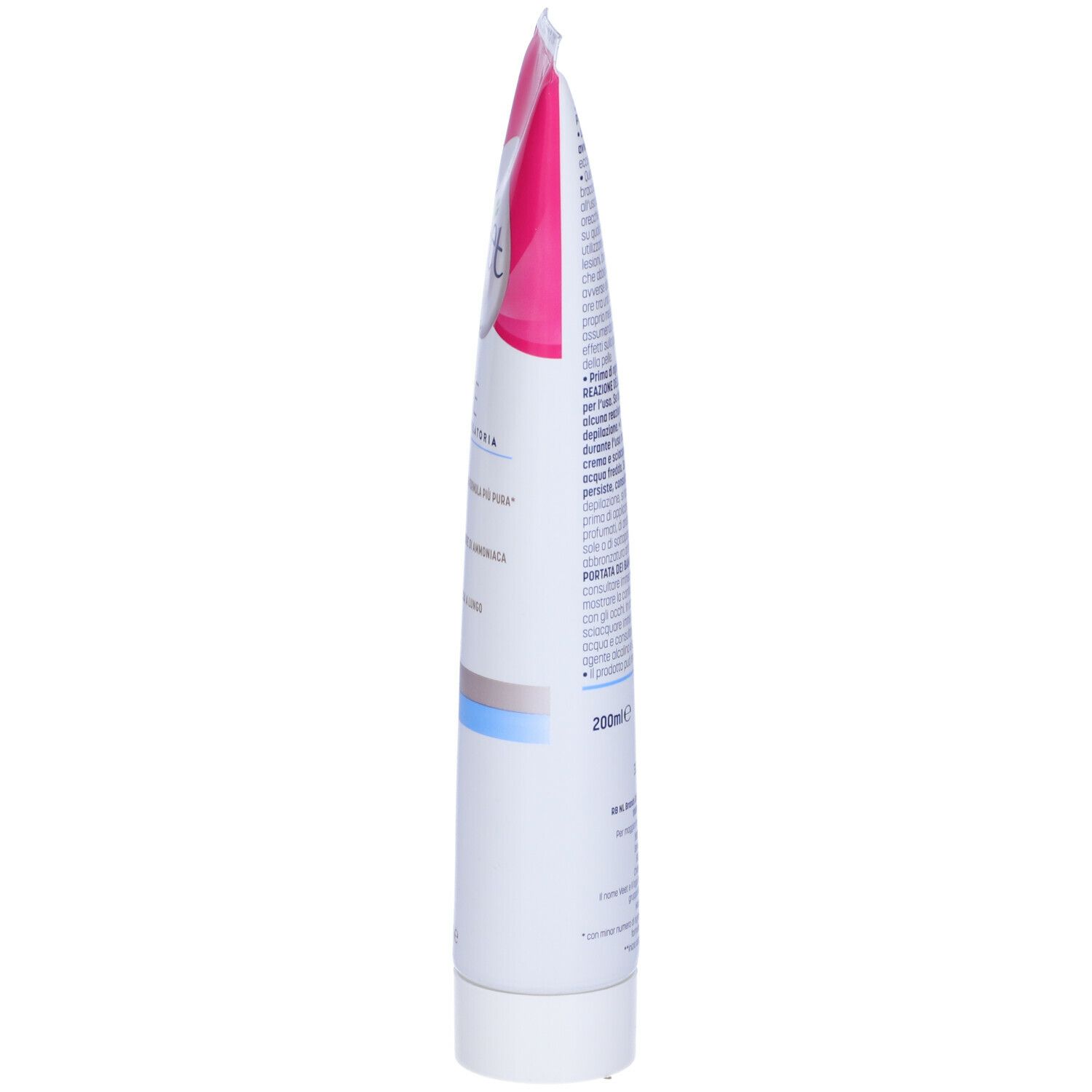 Tubo bianco con tappo rosa. Testo multilingue. Nome del prodotto non visibile.