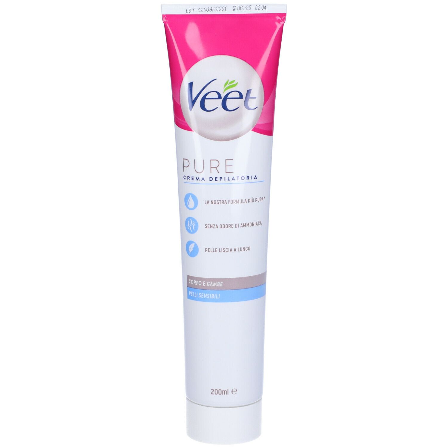 Tubo bianco con tappo rosa. Veet Pure Crema depilatoria. 200ml. Grafica blu e bianca.