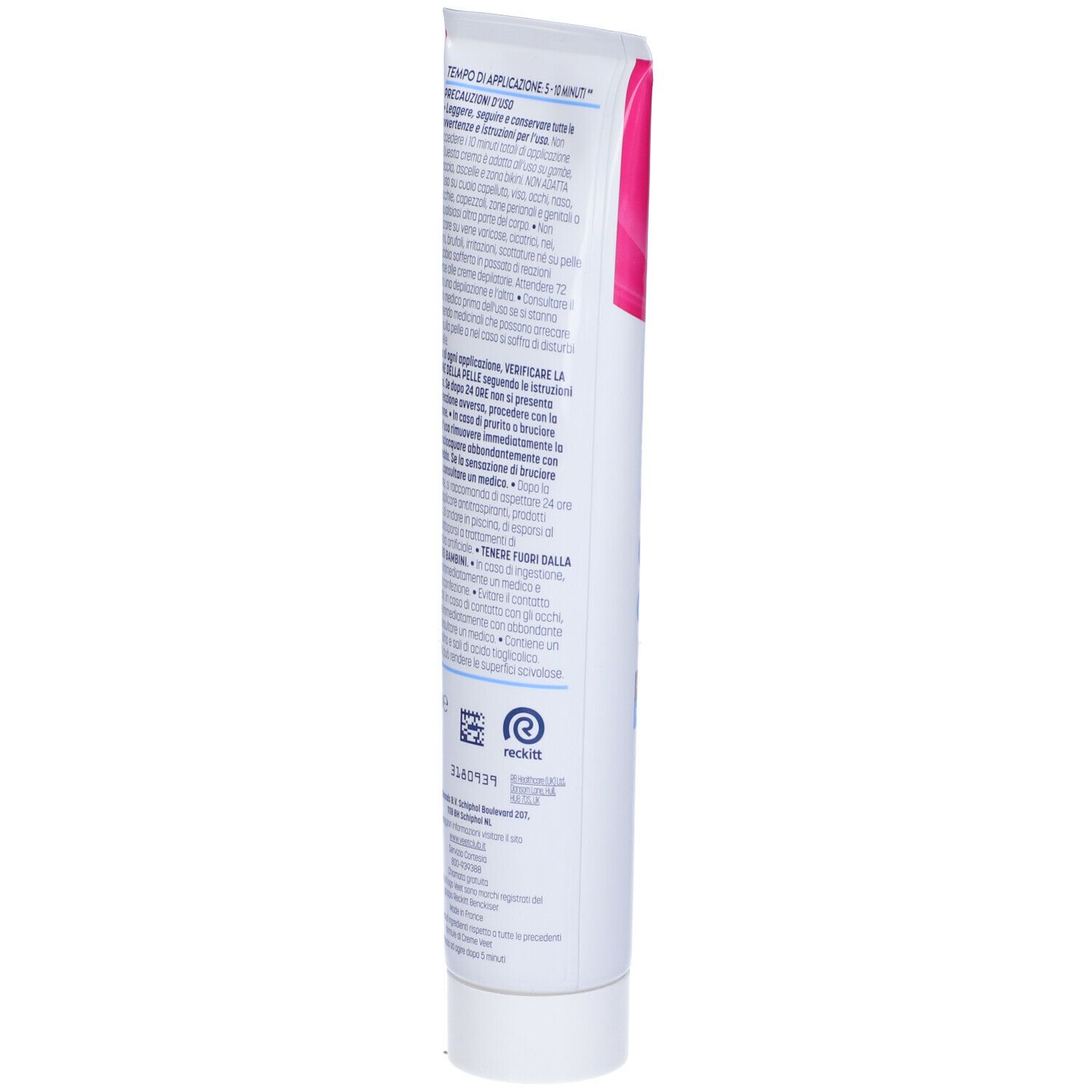 Retro di un tubo bianco con tappo rosa. Testo multilingue. 200ml.