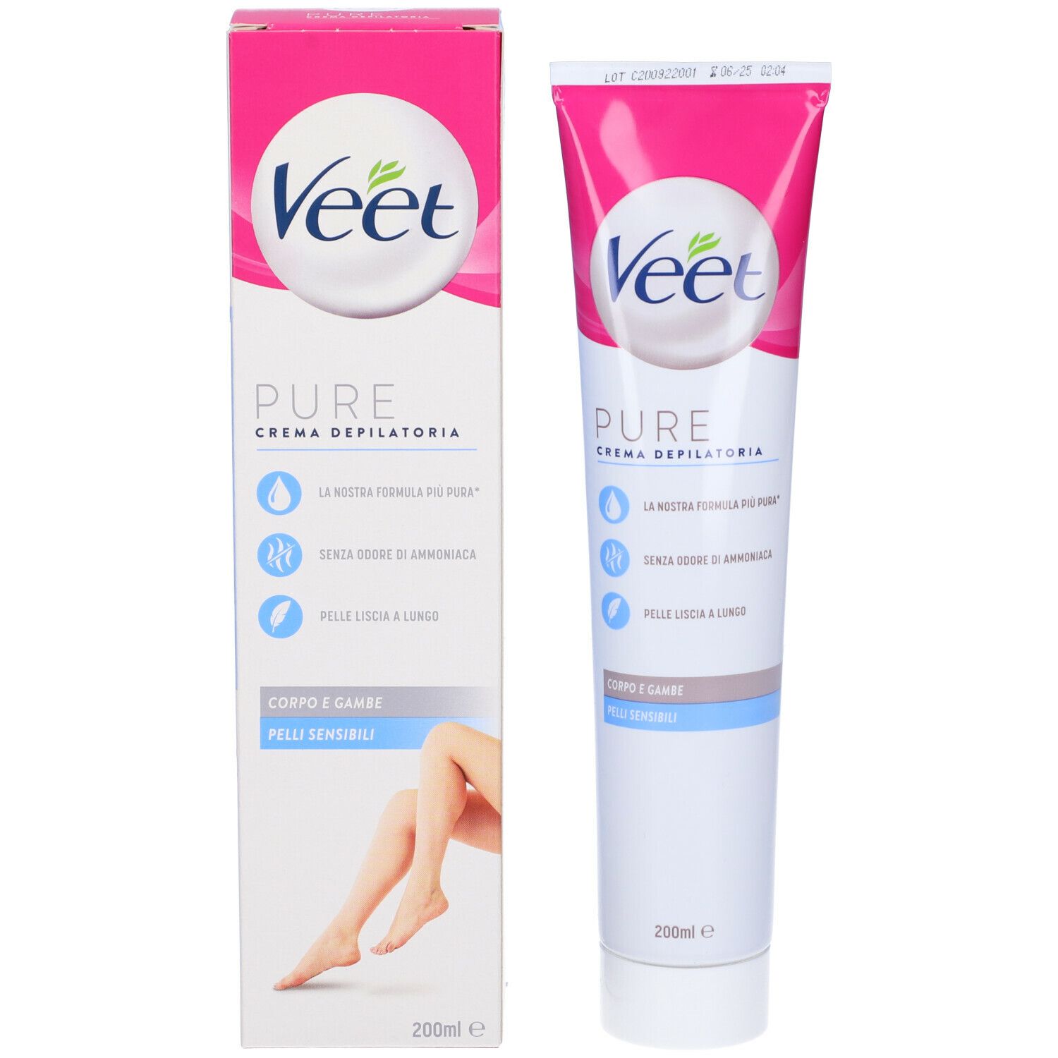 Veet Pure Crema depilatoria. Tubo e scatola bianchi. 200ml. Illustrazione gamba.
