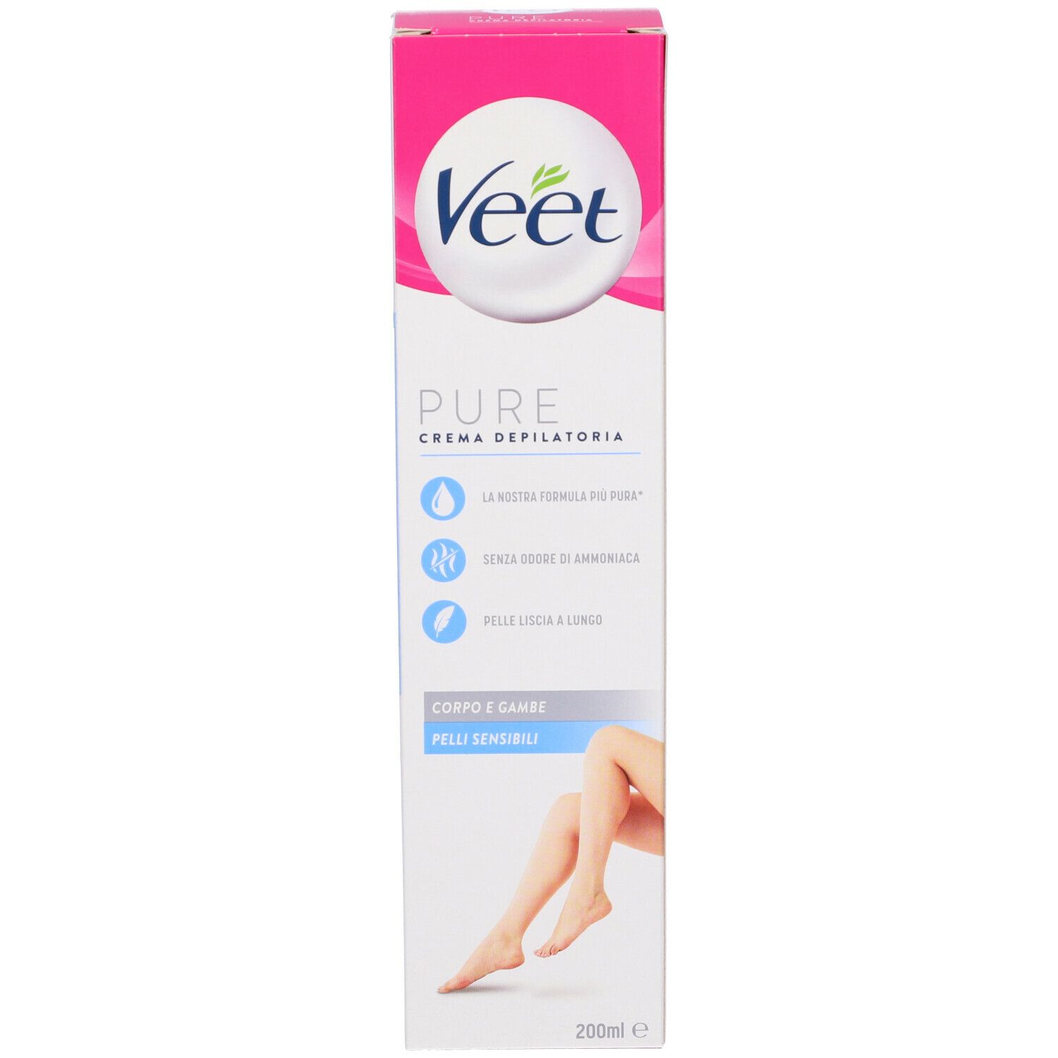 Veet Pure Crema depilatoria. Scatola bianca. 200ml. Illustrazione gamba.