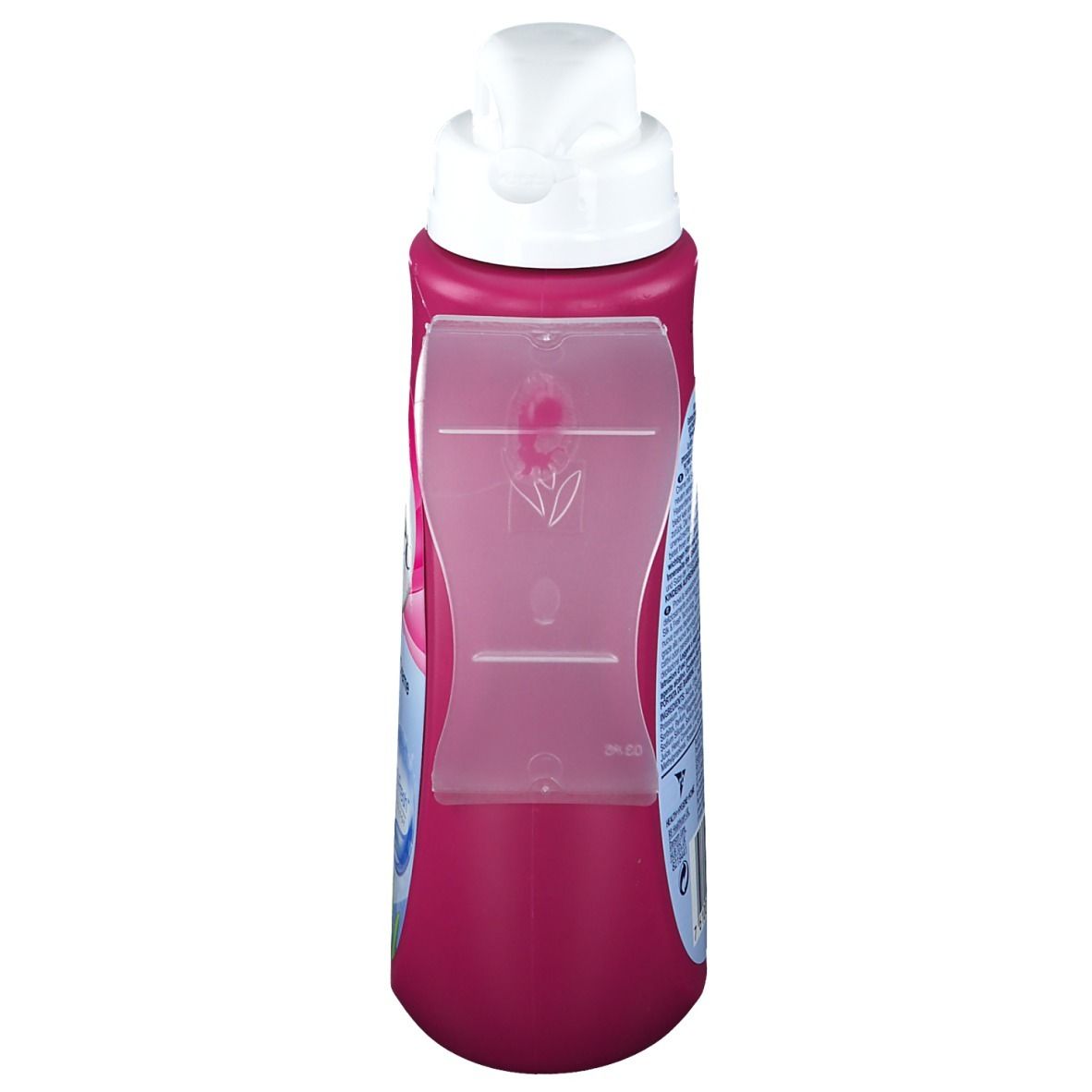Vue de dessus d'un flacon rose avec pompe blanche. Support transparent sur le côté.