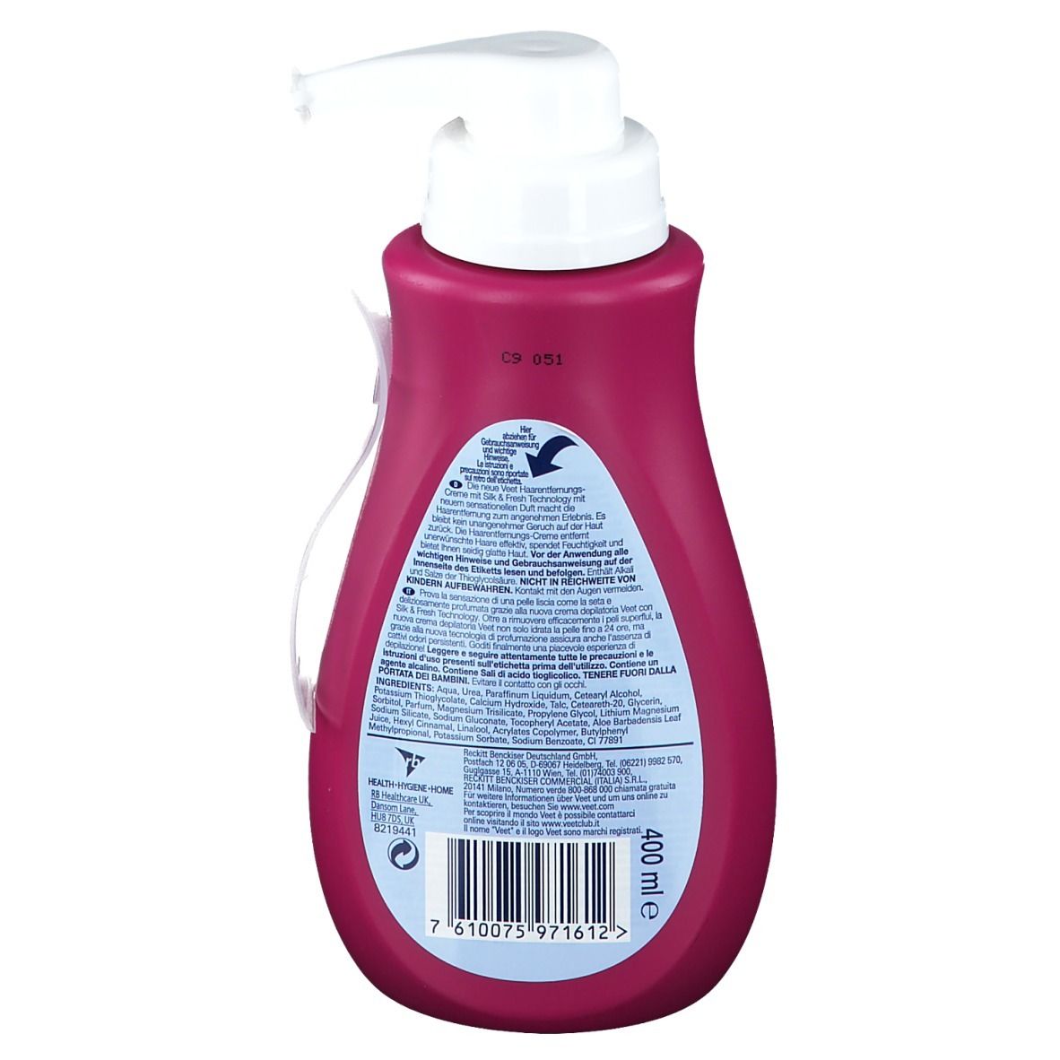 Dos d'un flacon rose avec pompe blanche. Informations textuelles et code-barres. Volume: 400 ml.
