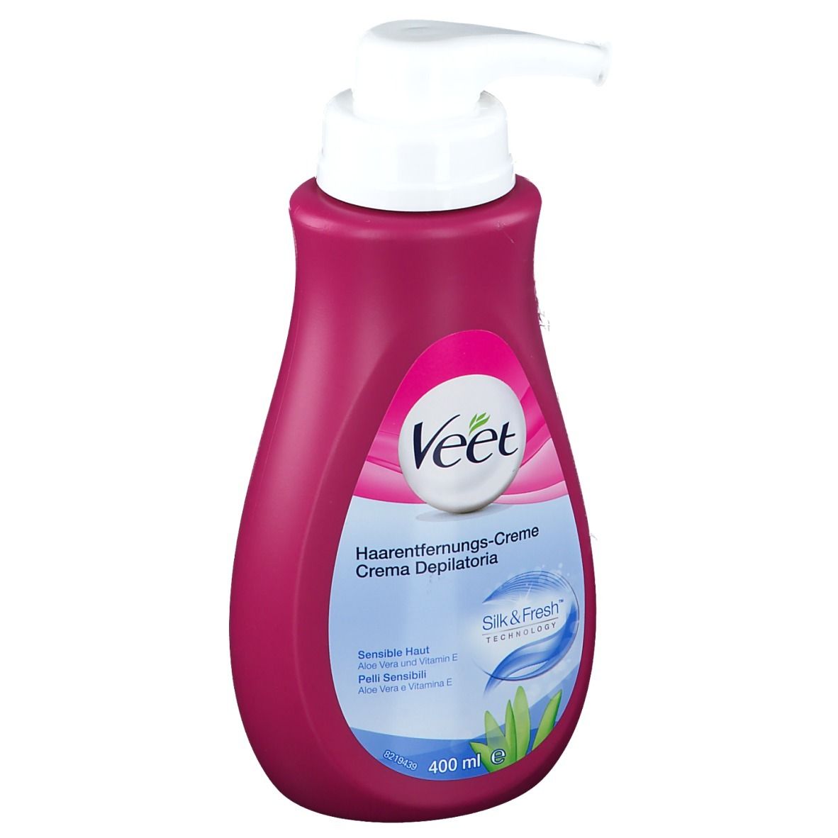 Flacon rose avec pompe blanche. Inscription: Veet Crème dépilatoire. Technologie Silk & Fresh. 400 ml.