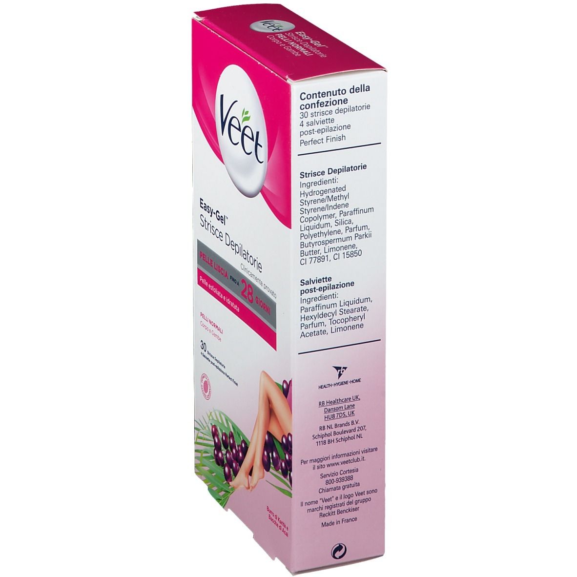 Lato della confezione Veet Easy-Gel™. Contiene 30 strisce e 4 salviette. Ingredienti e informazioni del produttore visibili.