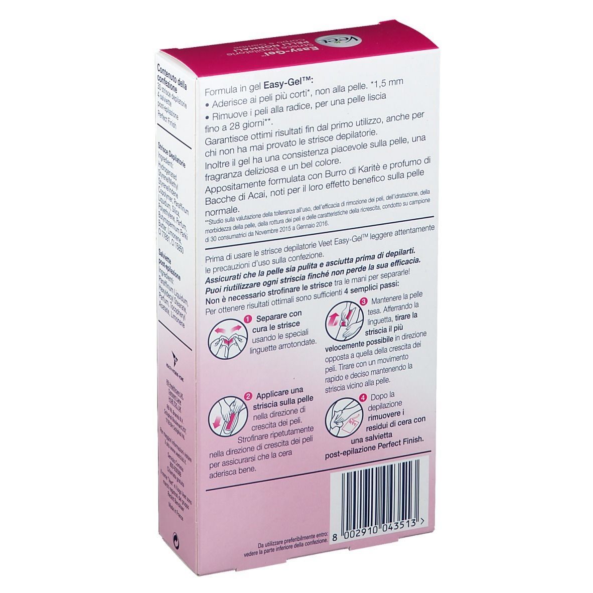 Retro della confezione Veet Easy-Gel™. Istruzioni per l'uso e illustrazioni. Informazioni sull'applicazione.