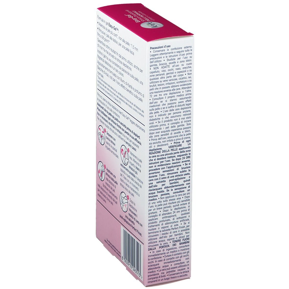 Lato della confezione Veet Easy-Gel™. Testo e illustrazioni sull'uso. Informazioni sull'applicazione.