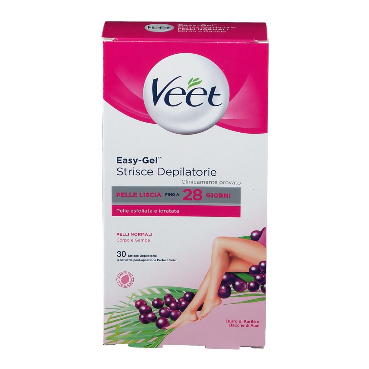 Confezione rosa Veet Easy-Gel™ per pelli normali. Contiene 30 strisce depilatorie. Logo e immagine del prodotto visibili.