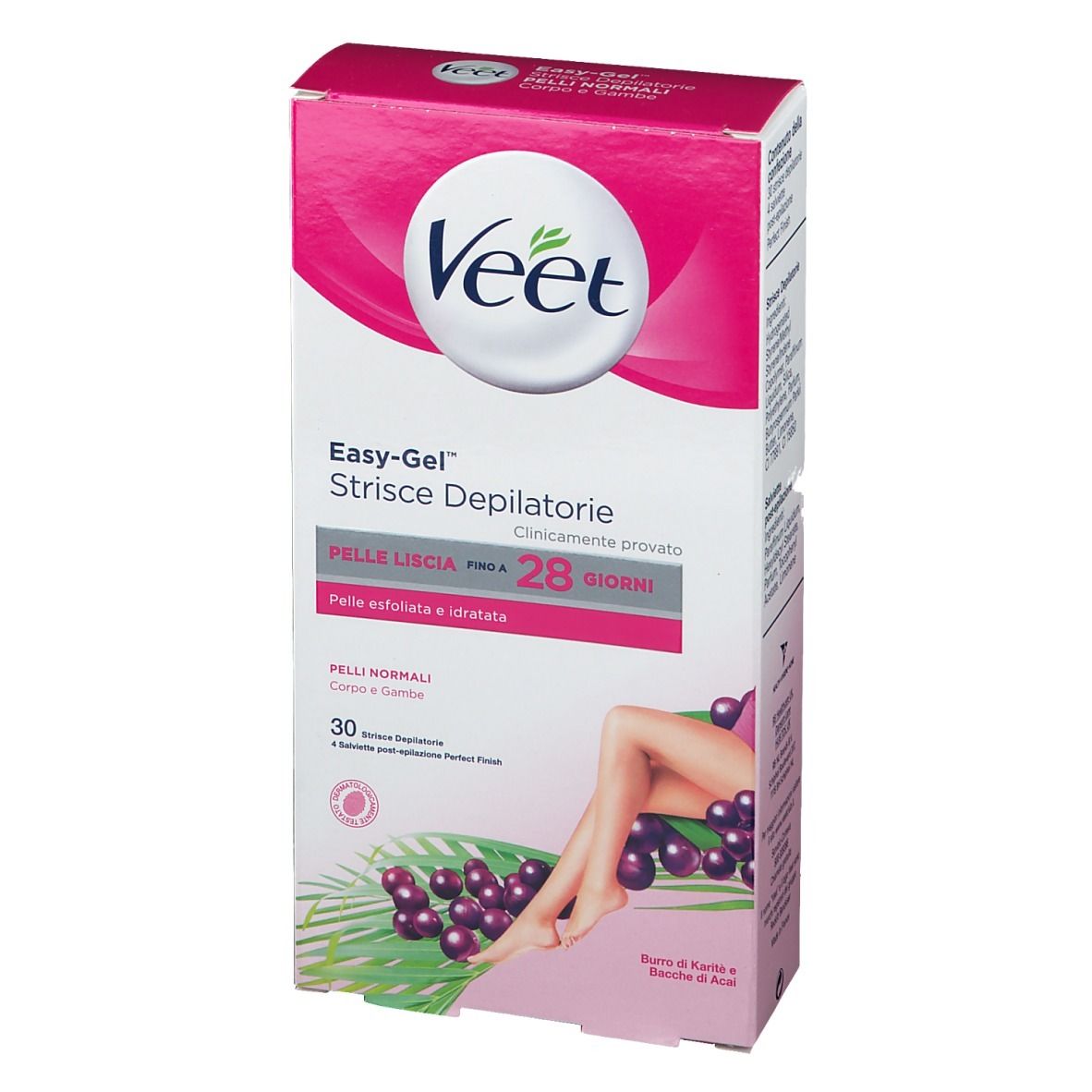 Confezione rosa Veet Easy-Gel™ per pelli normali. Contiene 30 strisce depilatorie. Logo e immagine del prodotto visibili.