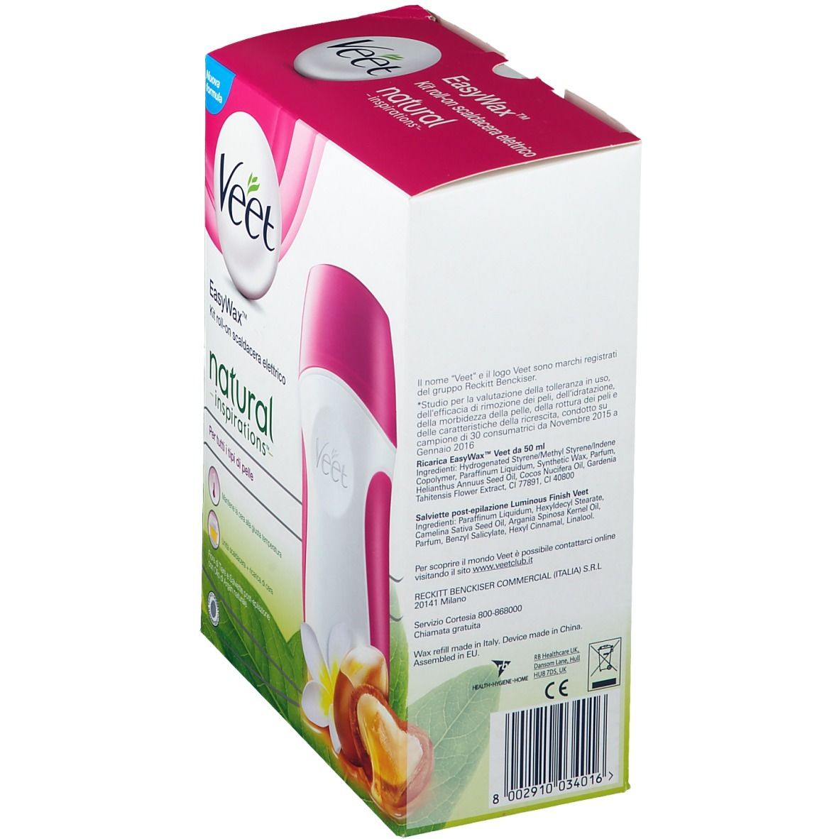 Confezione Veet EasyWax Kit, vista laterale. Immagine scaldacera rosa e bianca. Testo: EasyWax, natural inspirations. Marchio CE.