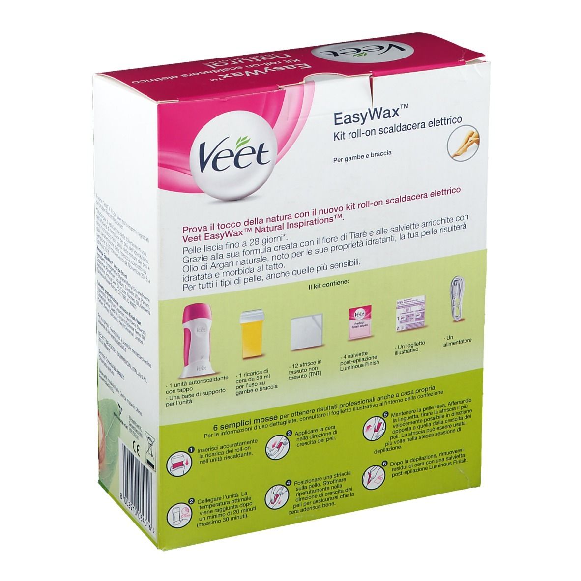 Retro della confezione Veet EasyWax Kit. Illustrazioni accessori. Testo: EasyWax, natural inspirations. Kit 6 pezzi.