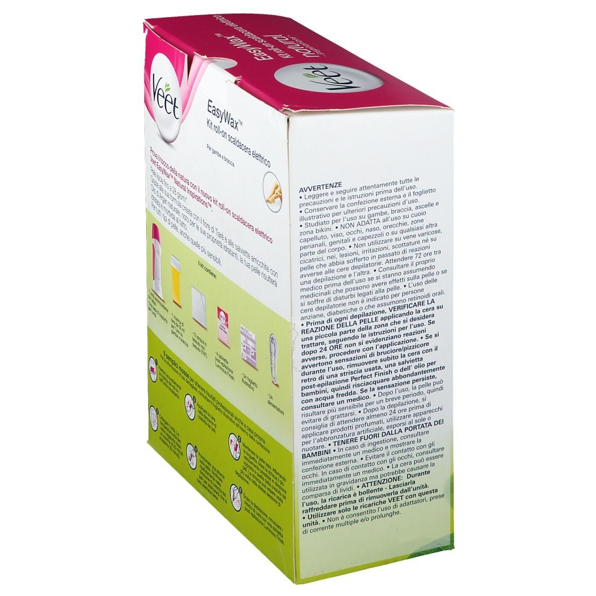 Confezione Veet EasyWax Kit, vista laterale. Testo: EasyWax, natural inspirations. Avvertenze e istruzioni per l'uso.