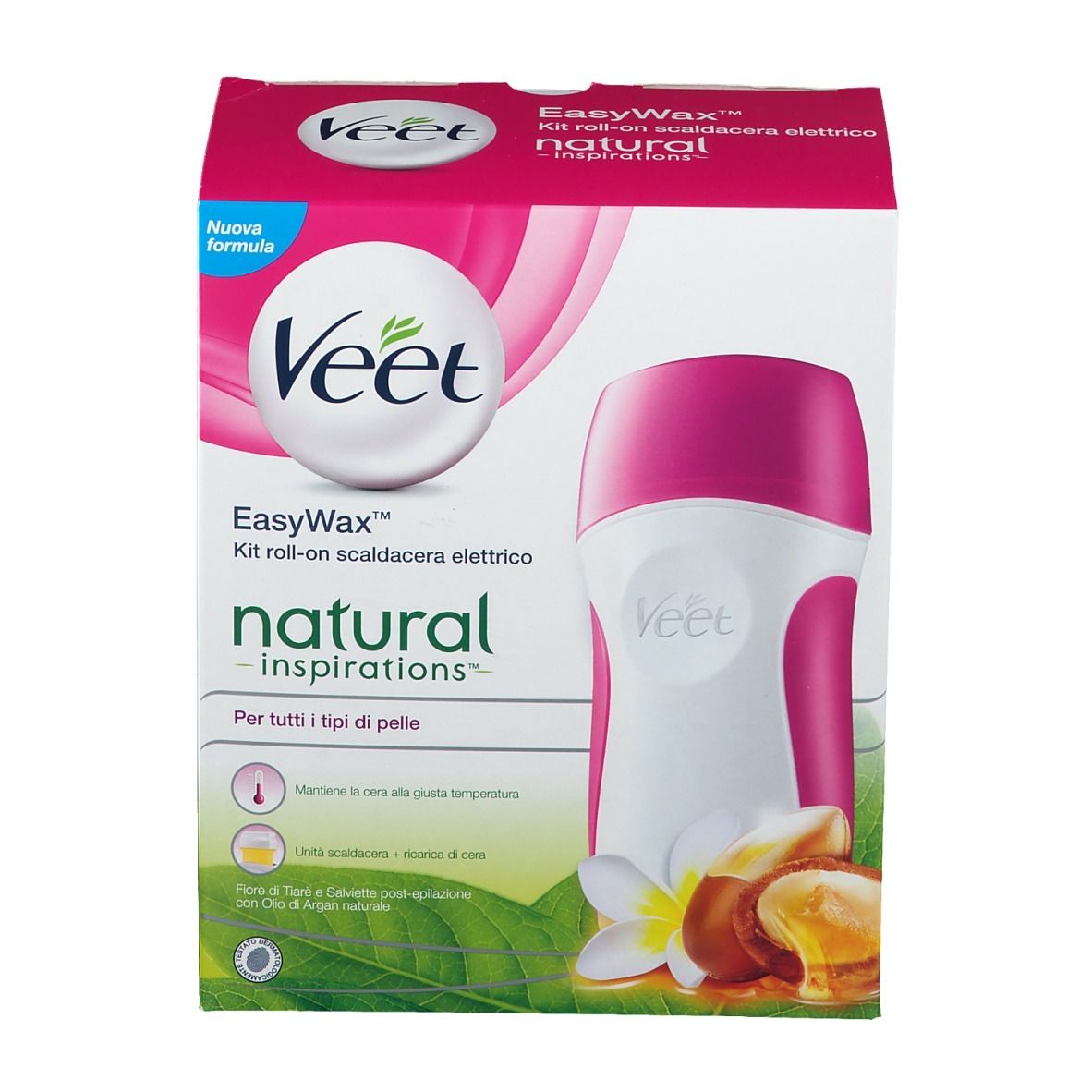 Confezione Veet EasyWax Kit. Immagine scaldacera rosa e bianca. Testo: EasyWax, natural inspirations, per tutti i tipi di pelle.