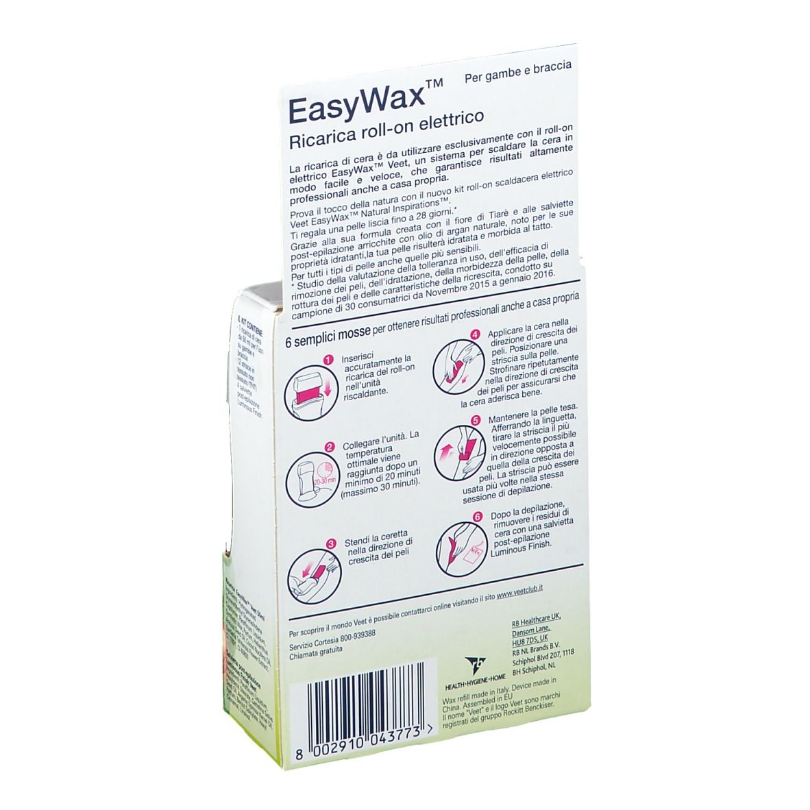 Rückseite der Veet EasyWax Nachfüllpackung. Text und Illustrationen. Gebrauchsanweisung in italienischer Sprache.