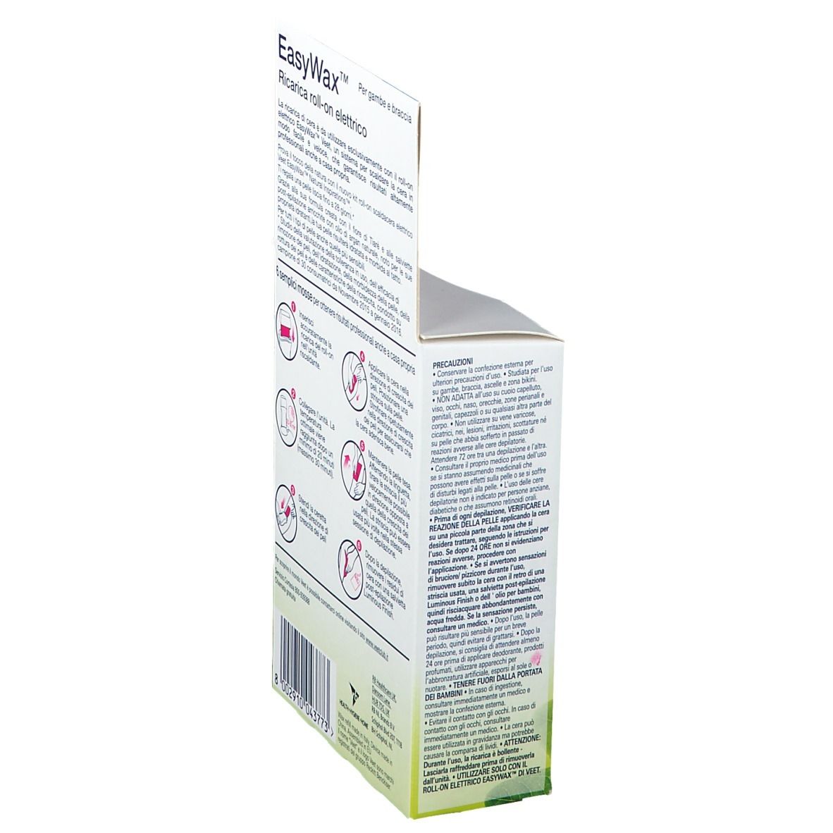 Seitenansicht der Veet EasyWax Nachfüllpackung. Text und Illustrationen. Gebrauchsanweisung in italienischer Sprache.