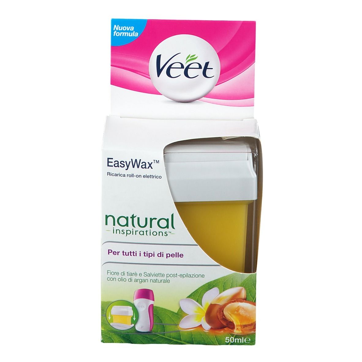 Veet EasyWax Nachfüllpackung. Gelbe Wachspatrone in weißer Verpackung. Aufdruck: Natural Inspirations, Arganöl.