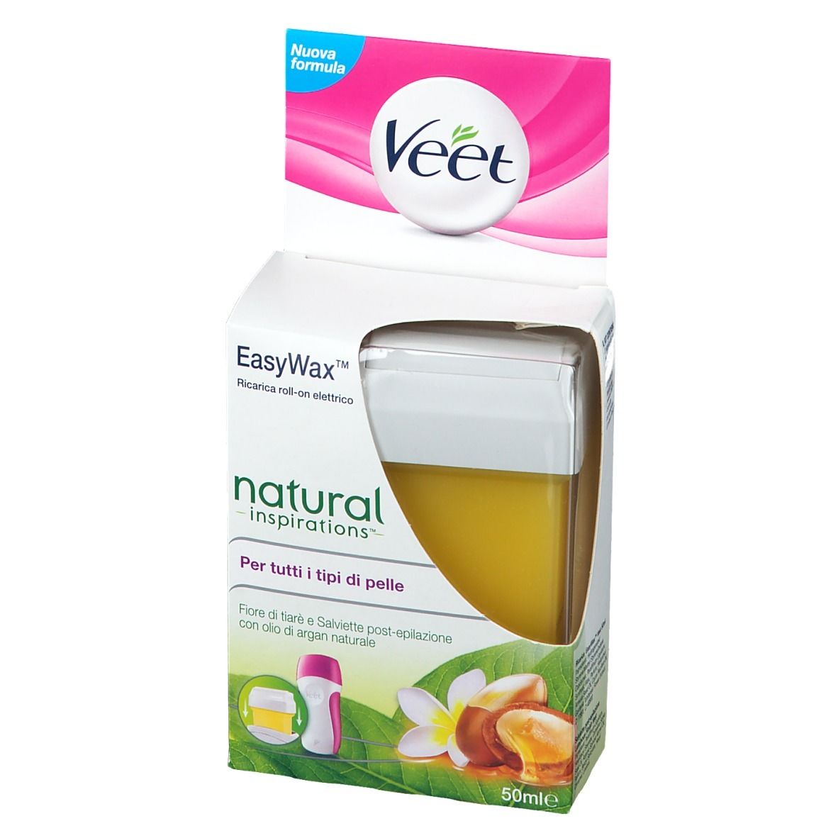 Veet EasyWax Nachfüllpackung. Gelbe Wachspatrone in weißer Verpackung. Aufdruck: Natural Inspirations, Arganöl.