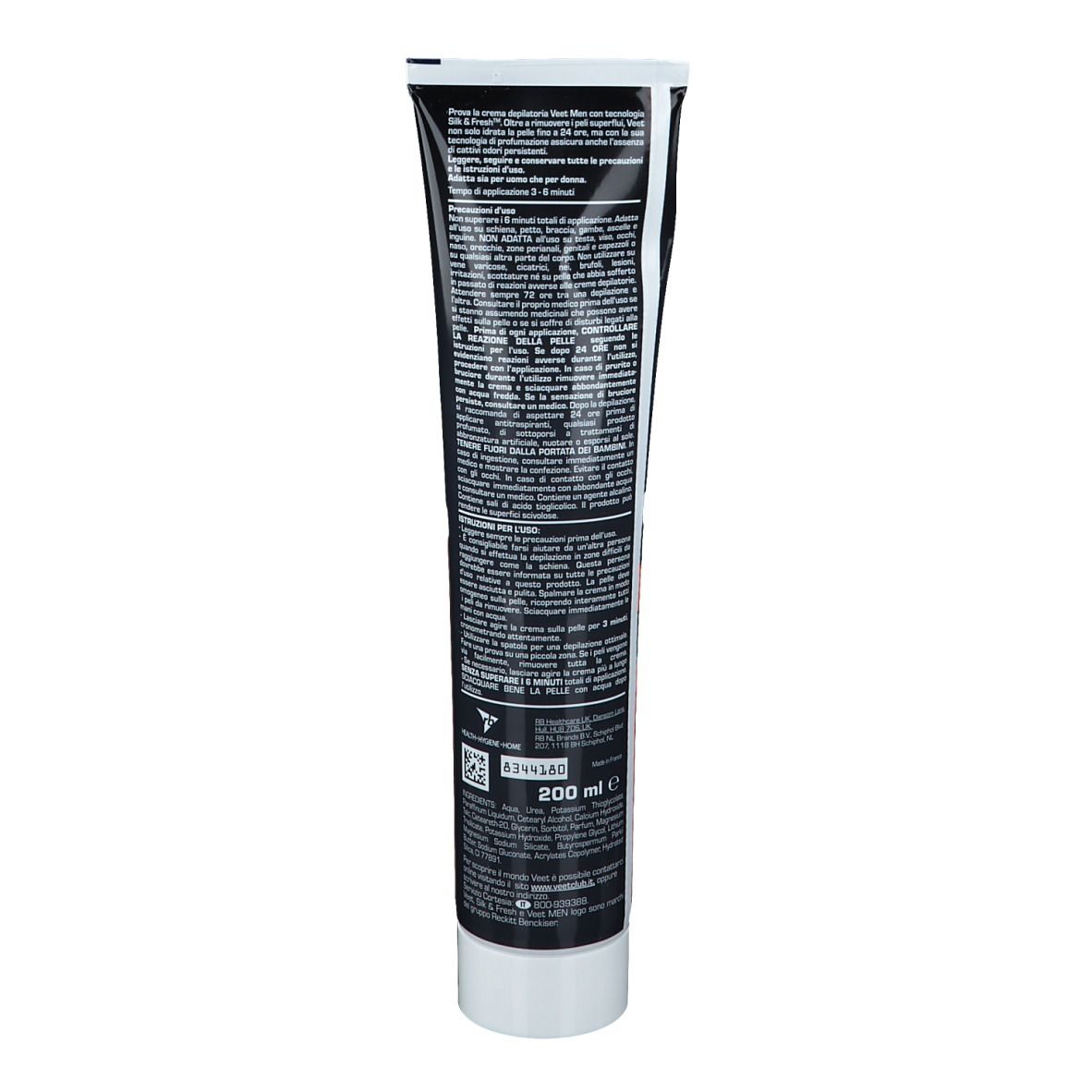 Retro del tubo di crema depilatoria Veet Men. Sfondo nero con testo multilingue. Contiene informazioni sul prodotto e ingredienti.