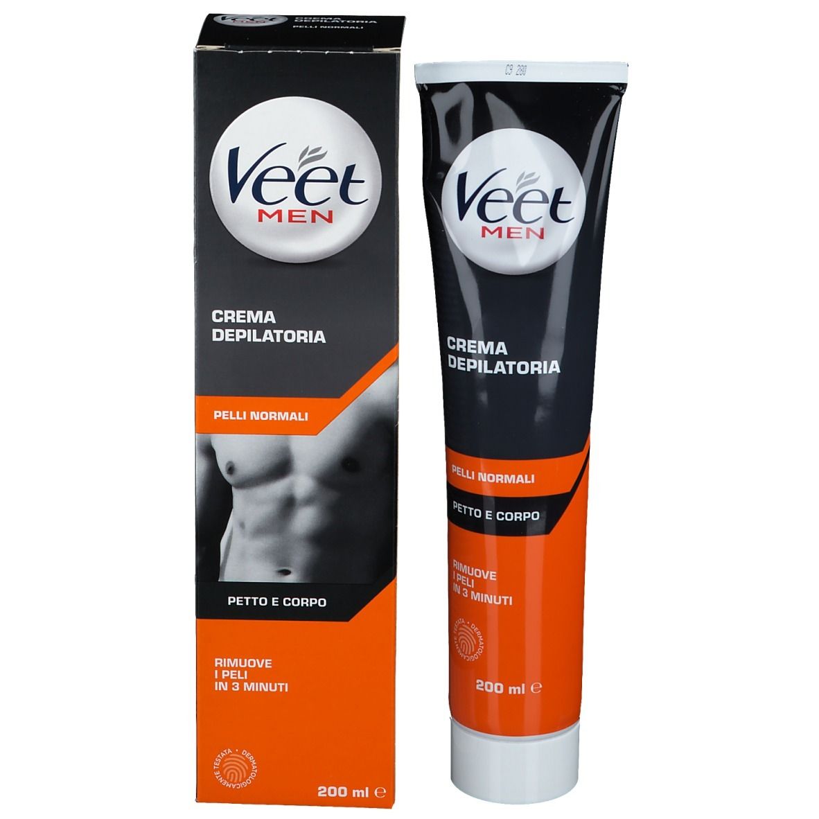 Crema depilatoria Veet Men e confezione. Scatola nera con logo bianco e banda arancione. Tubo accanto.